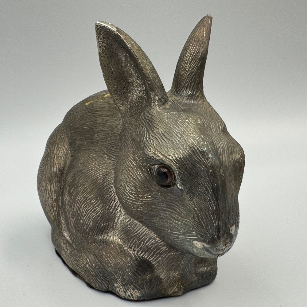 Vintage Silver Tone Cast Metal‎ Rabbit Bunny Piggy Bank Textured Glass Eyes